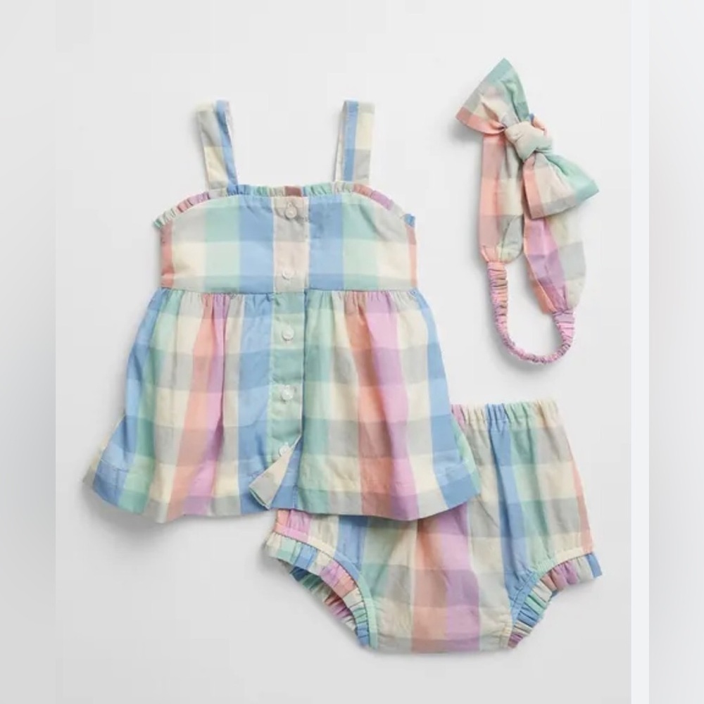 NWT Baby Gap Pastel Rainbow Plaid 3pc Outfit- Top, Bloomers, Headband
